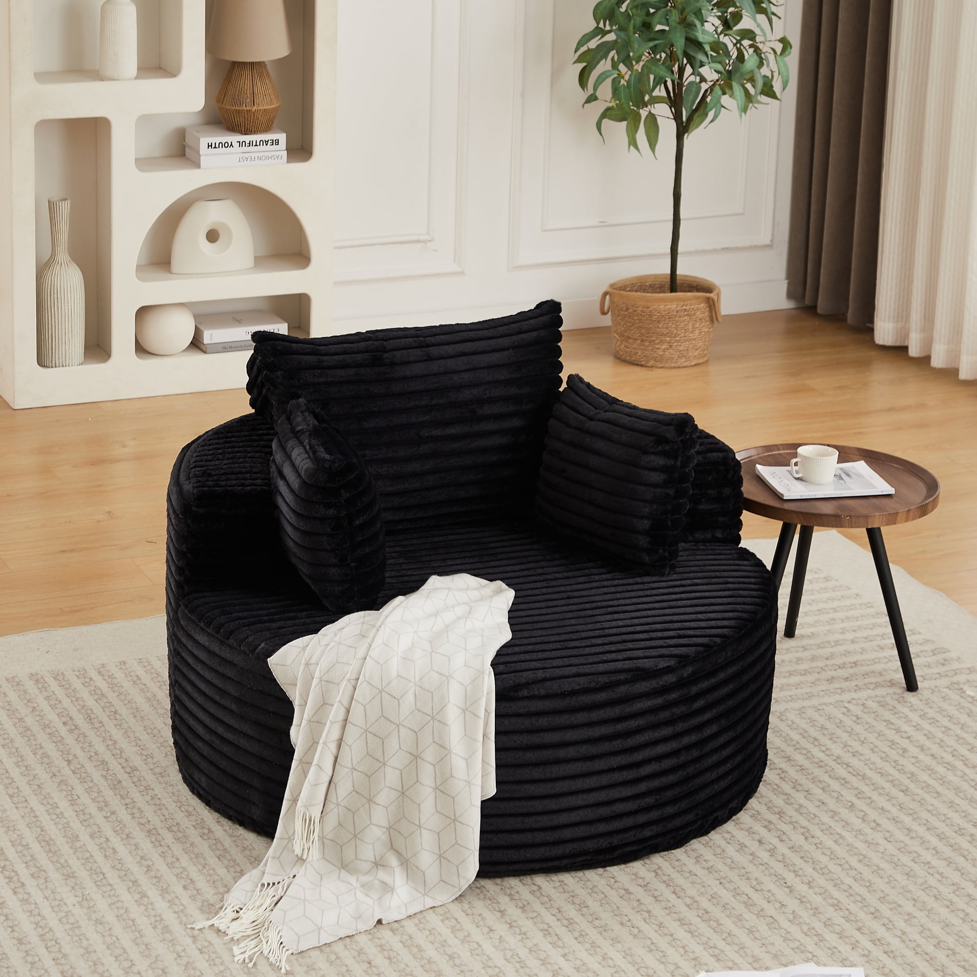 Leumius Oversized Round Chair Lounge Chaise Indoor,50" Upholstered Corduroy Deep Seat Single Cloud Sofa Chair, Fluffy Modern Large Circle Boneless Sleeper Sofa for Living Room, Bedroom,Black