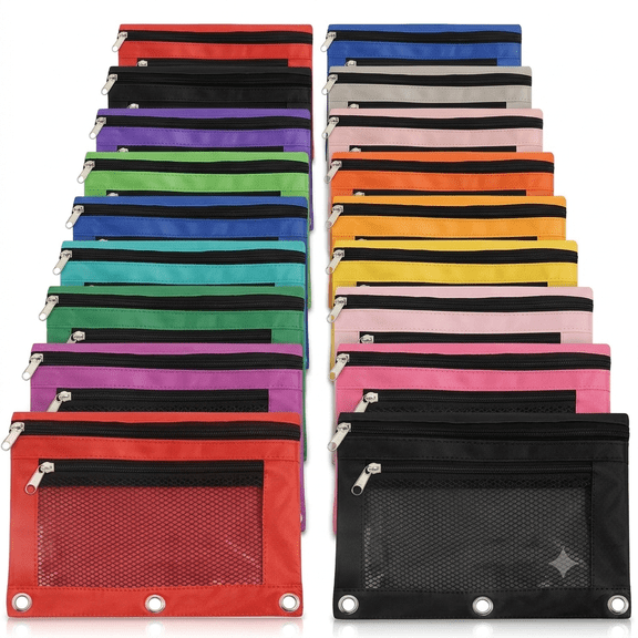 Binder Pencil Pouch, Mesh Zipper Pencil Bags with 3 Reinforced Binder Holes, Oxford Fabric Pencil Case for Classroom Office Supplies, 1-Pack