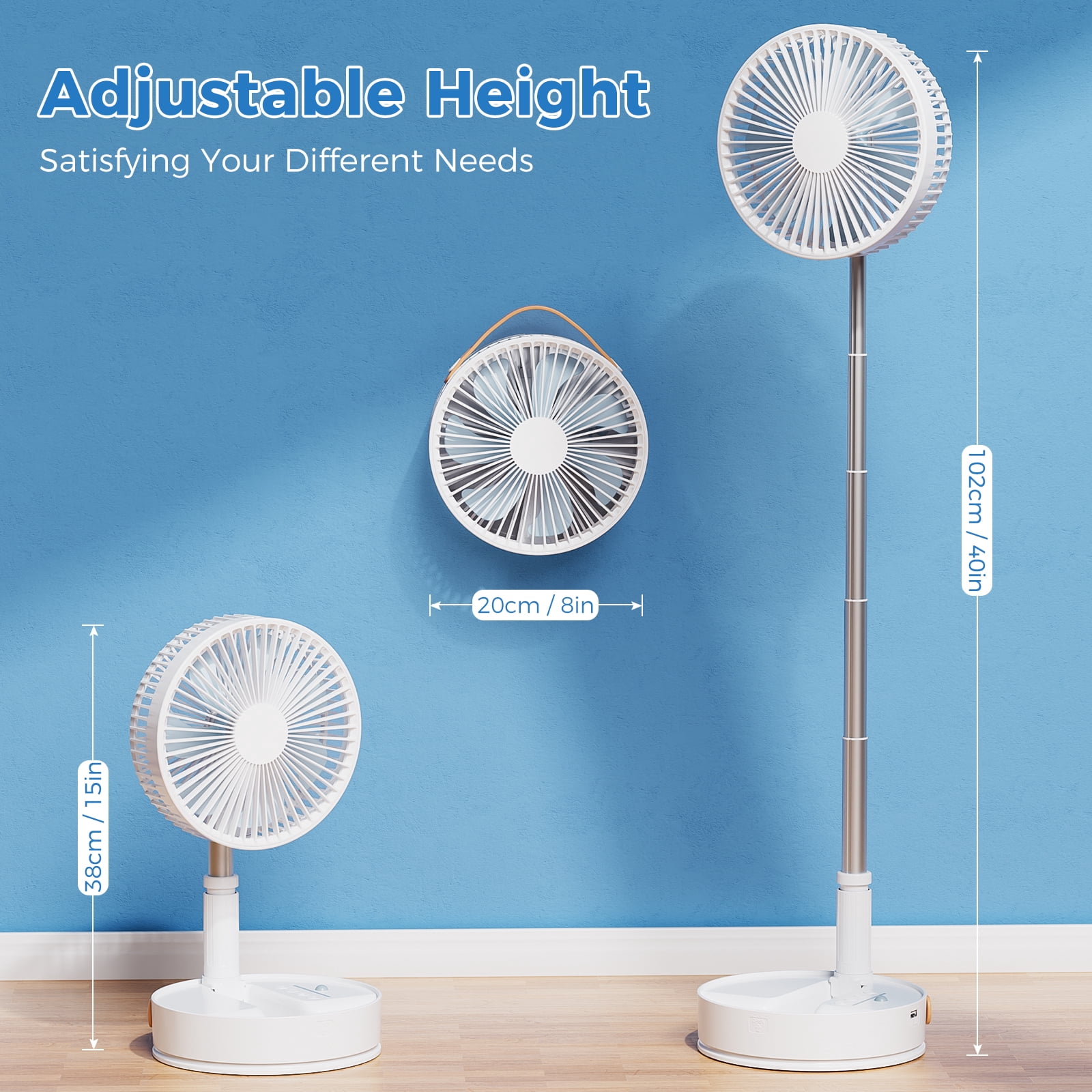 Rywell 8" Foldable Standing Fan with Remote, Battery Operated Oscillating Fan with 3 Height, 4 Speed, 7200mAh Rechargeable Pedestal Fan for Bedroom Office Camping Travel