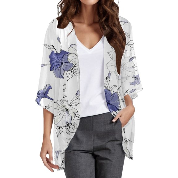 Womens Kimono Cardigans Puff Sleeve Loose Casual Summer Tops Fashion Chiffon Cardigans Coverup Summer Open Front Outwear Blue Cardigan For Women