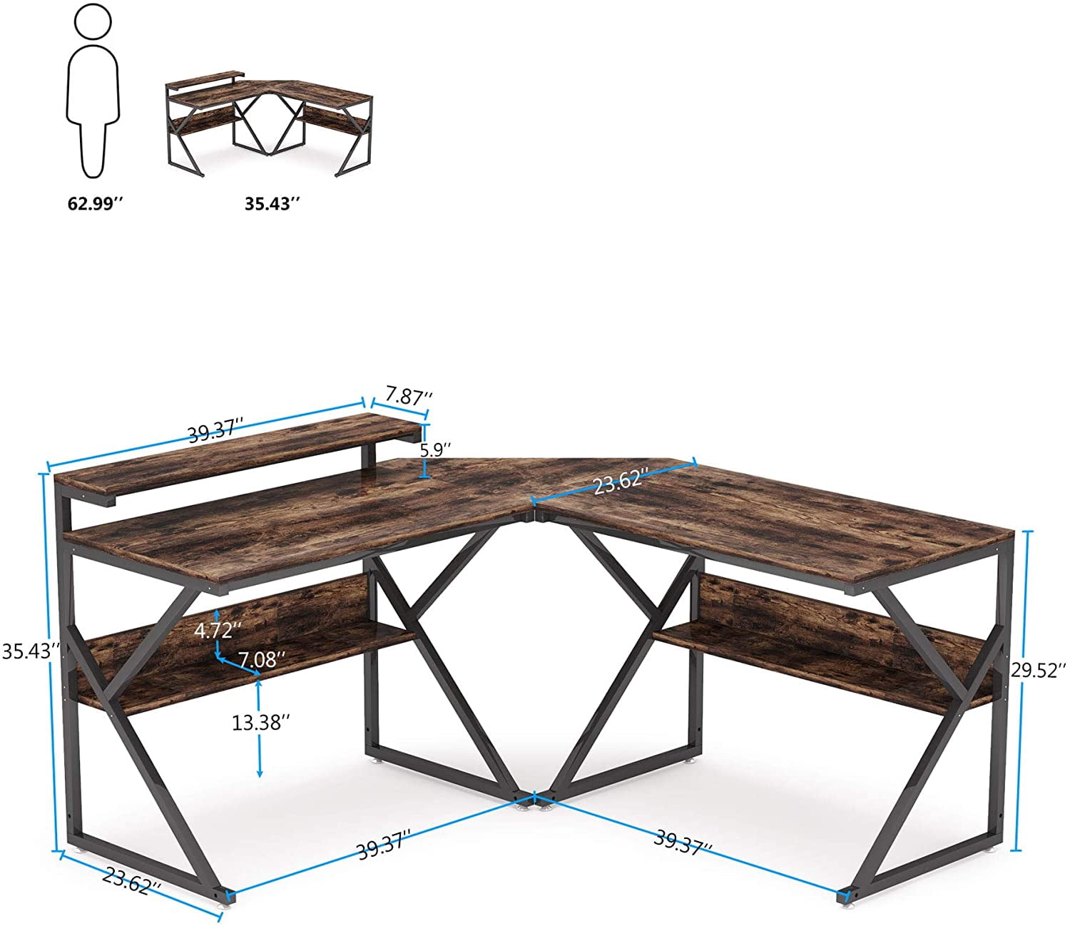 Tribesigns L Shaped Desk with Storage Shelves, 55 inch Corner Computer Desk with Monitor Stand, Large Study Writing L Desk for Home Office, Rustic Brown