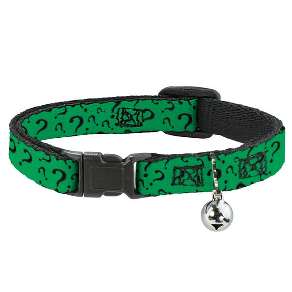 DC Comics Breakaway Cat Collar With Bell, Plastic Clip, Easy Adjustable, Question Mark Scattered Dark Green Black, 8.5 to 12 Inches 0.5 Inch Wide