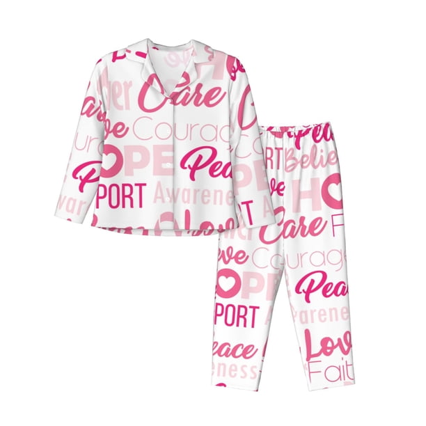 Balery Breast Cancer Pink Ribbons Awareness (2) Conjunto de Pijama con Estampado para Mujer, Conjunto de Dos Piezas con Manga Larga, Ropa de Dormir Suave con Bolsillos, Pijamas Cómodos-Large