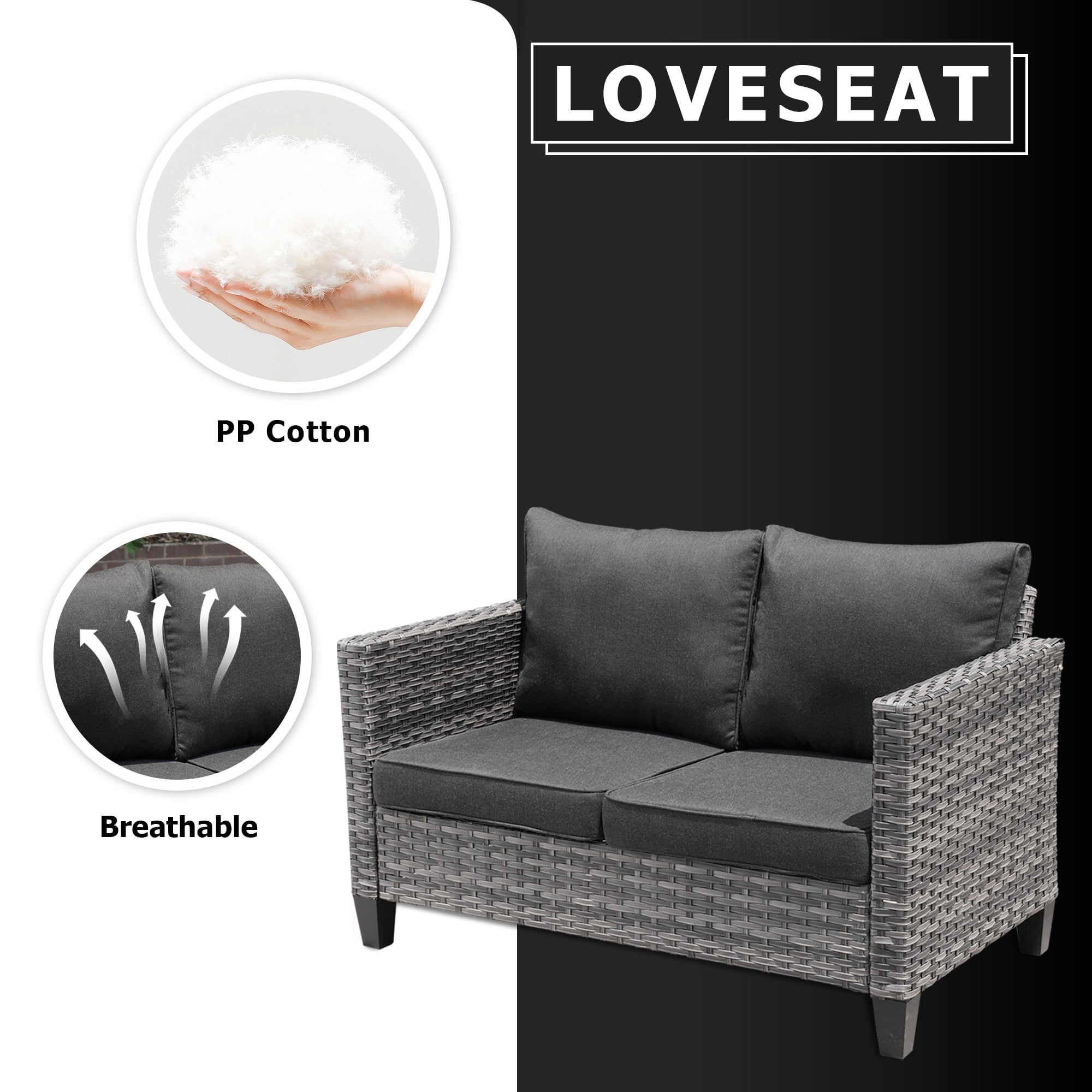 XIZZI Outdoor Furniture 50" Loveseat Sofa Couch with Gray Wicker Rattan(Black Cushion)