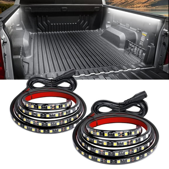 Waywe Truck Bed Light Strip 2PCS 60" 180 LEDs White Lighting Waterproof for 12V Car Cargo Pickup SUV RV Boat, On/Off Switch Blade Fuse 2-Way Splitter Cable