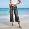 thumbnail image 5 of Lenpel Wide Leg Capri Jeans for Women Lounge Drawstring Pull on Baggy Cropped Denim Pants Stretch High Waist Denim Capris, 5 of 5
