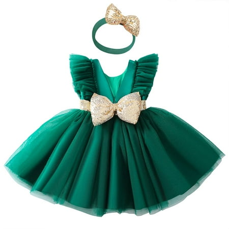 

KLFFLGID Baby Girl Sequins Bowknot Dress Toddler Flutter Sleeve Party Flower Girl Wedding Dress for Toddler Baby Girls Size 60 (Dark Green)