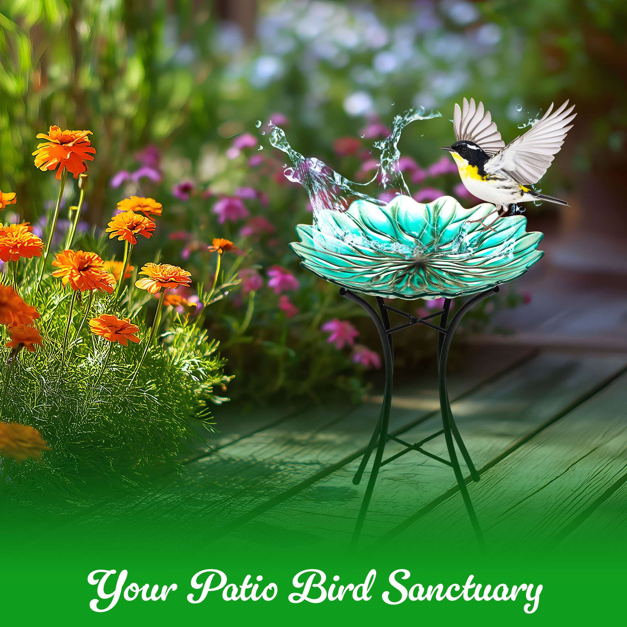G128 19 Inch Height Glass Bird Baths with Metal Stand | Decorative Green BirdBaths Bowl Outdoor Garden Bird Feeder