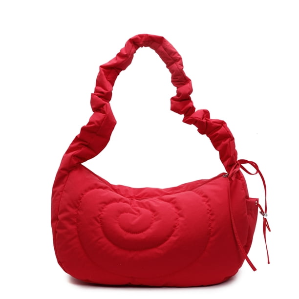 Bolso Hombro Acolchado para Mujeres Color Sólido Compras Ruched Crossbody () Rojo