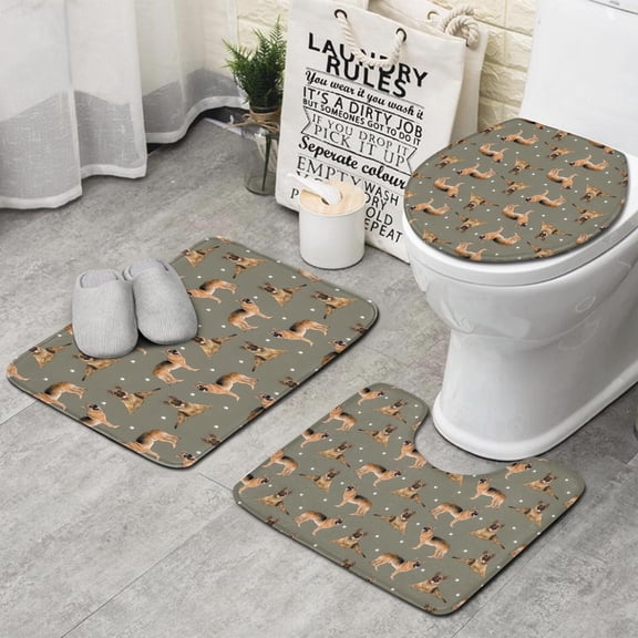German Shepherd Dog and Footprint Bathroom Rugs Sets 3 Piece,Toilet Cover Set,Absorbent Non Slip Bathroom Mats Sets with U-Shaped Contour Rug Toilet Rug Set