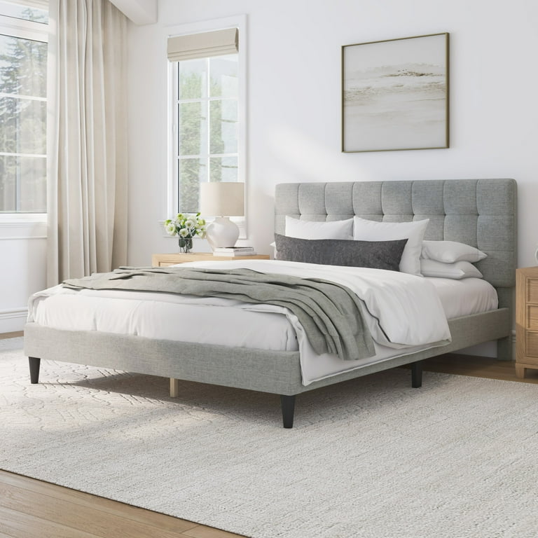Mainstays Hillside Full Bed Square Tufted Upholstery Light Gray Fabric Adjustable Platform Headboard No Box Spring Required