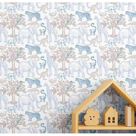 S4Sassy Peel & Stick Vinyl Wallpaper, Jungle Sketch Print Wallpaper Contact Paper Waterproof - Blue, 25"X 120", Removable Walls Covering For Kids Room Wall Decor, Baby Room, Playroom