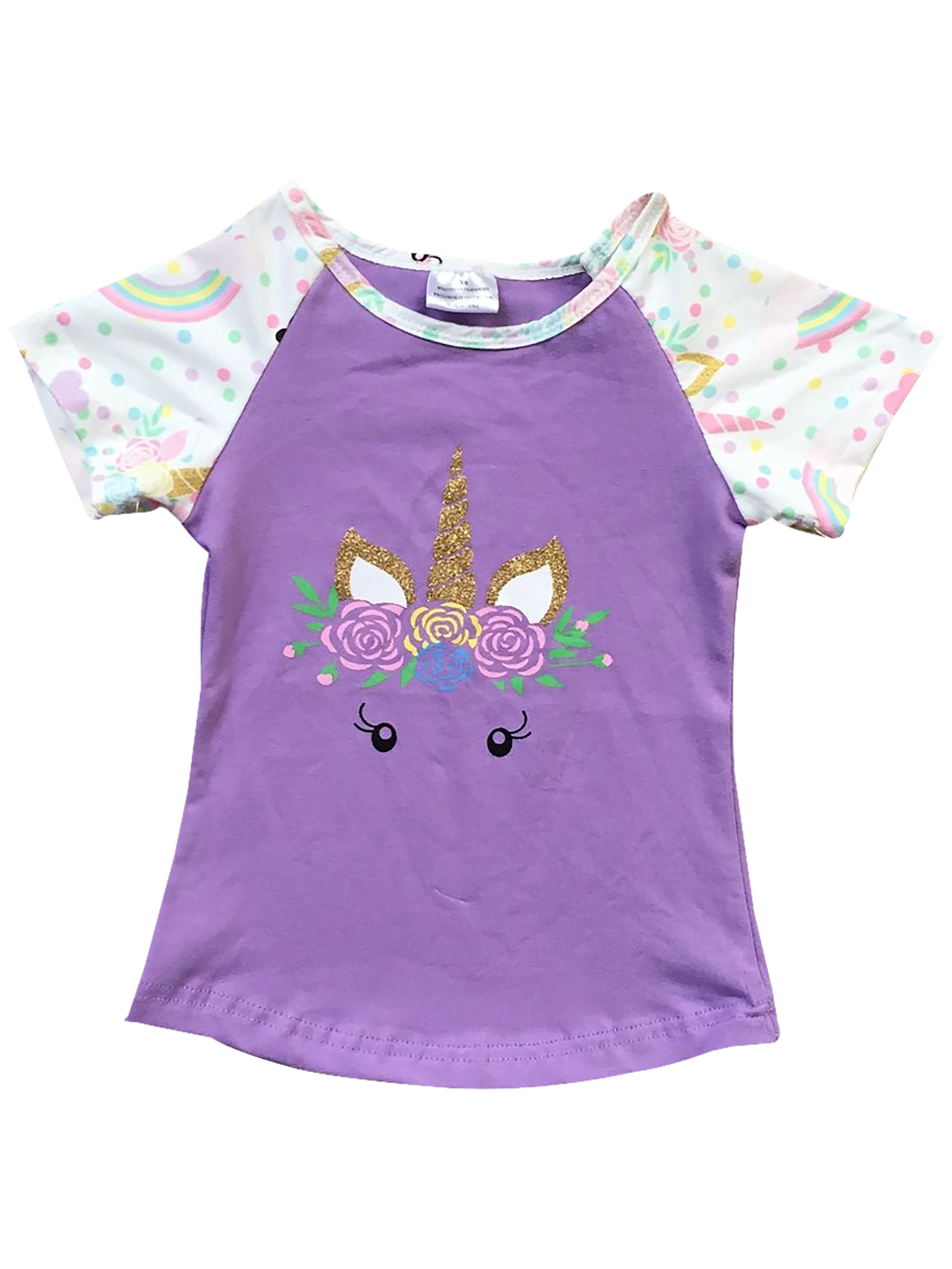 Little Girl Kids Short Sleeve Unicorn Floral Cotton Shirt Top Tee T