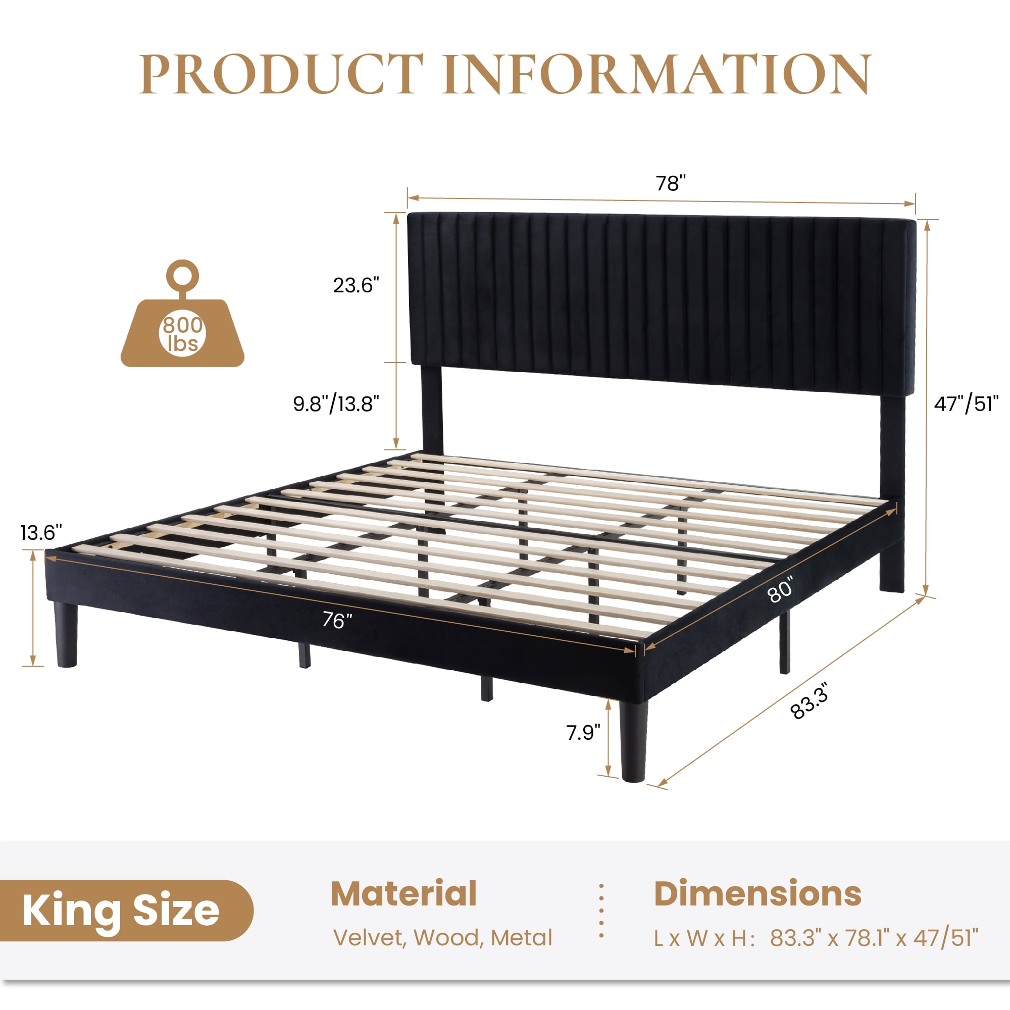 SHA CERLIN Black King Size Upholstered Platform Bed Frame with Adjustable Channel Velvet Headboard