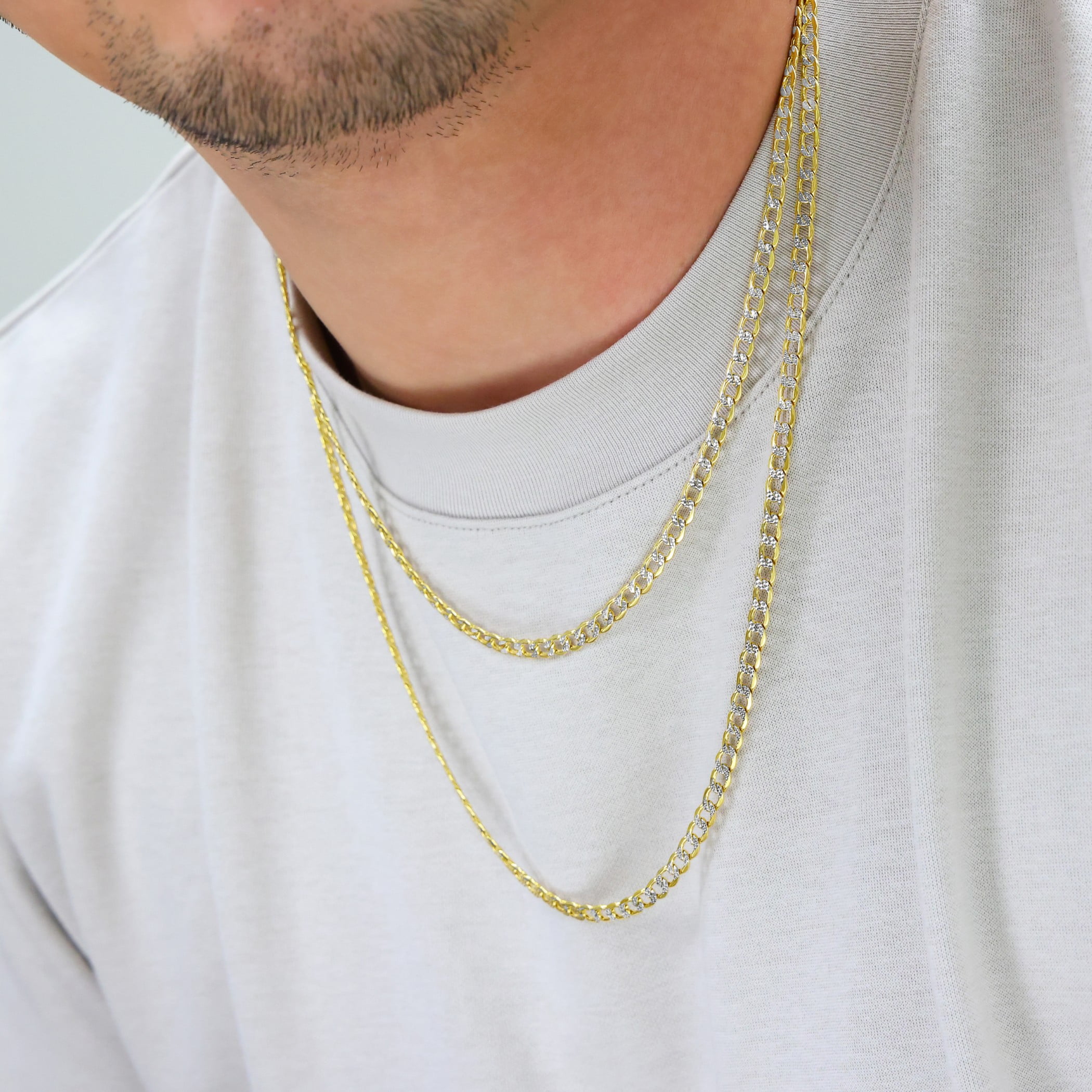 Nuragold 14k Real Yellow Gold Cuban Curb Link 4.5mm Diamond Cut Pave Chain Necklace (16"-26") Two Tone Italian Jewelry for Men & Women