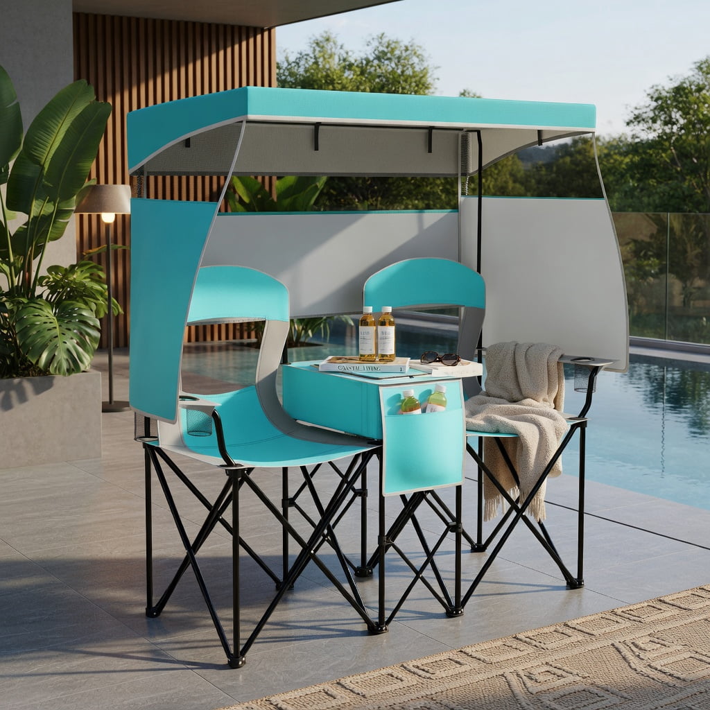 Hommoo Double Beach Chair with Adjustable UPF50+ Canopy, 3-Side Roll-Up Shade Curtains, Built-in Cooler Bag & Mesh Ventilation, Turquoise