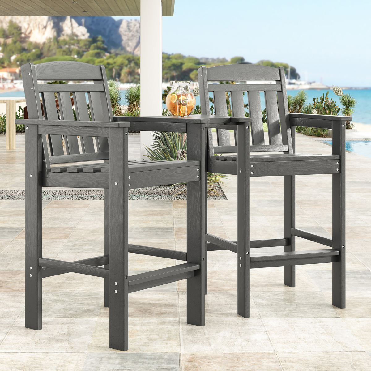 2-Pack Bar Height Adirondack Chairs - HDPE All Weather Patio Bar Stools with Connecting Tray, Ideal for Balcony, Poolside & Backyard