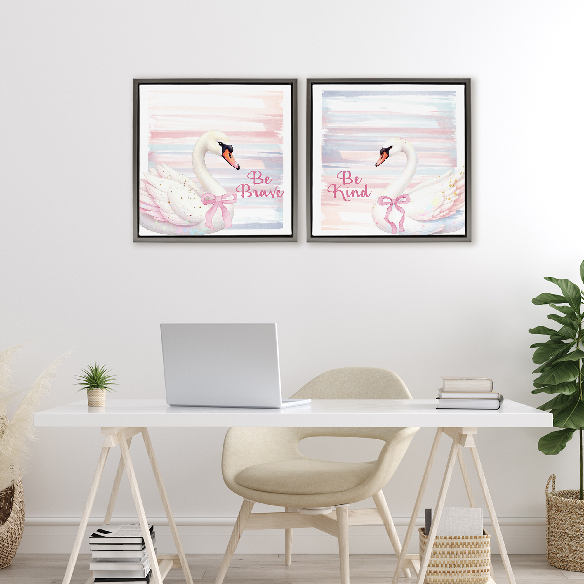 Be Brave & Kind Pastel Swan 2 Piece Gray Framed Floater Canvas Set, design by Kim Allen
