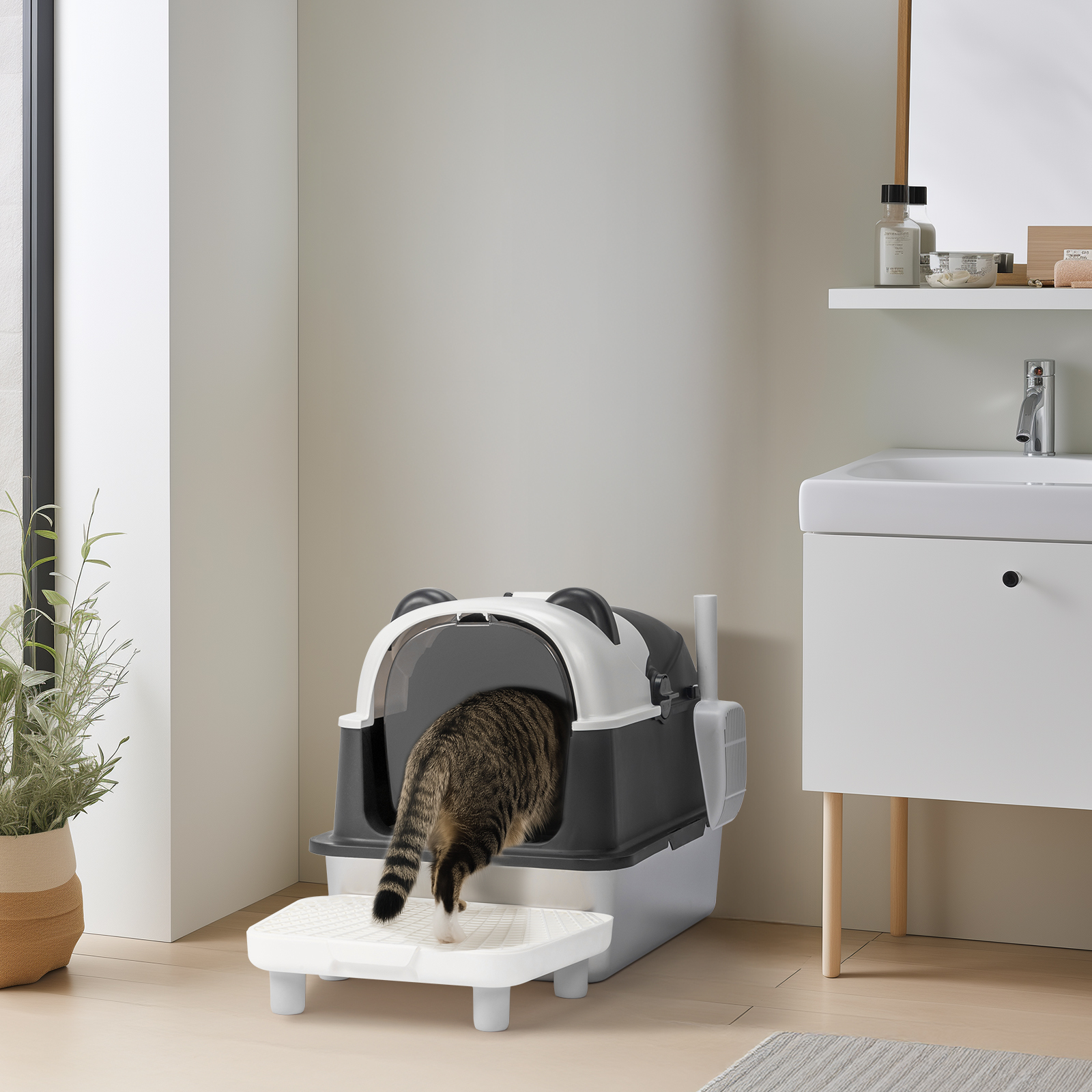 Ktaxon Large Panda Cat Litter Box 60x40x46cm with Stainless Steel Top, ABS Scoop & Mat, Snap Assembly, Black White