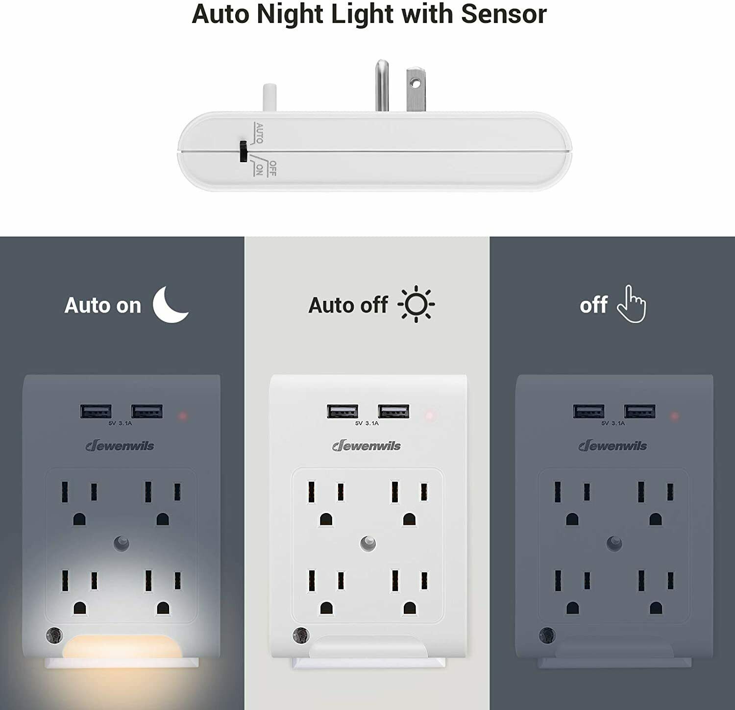 Dewenwils 4-Outlet Wall Adapter with USB and Night Light photo 2