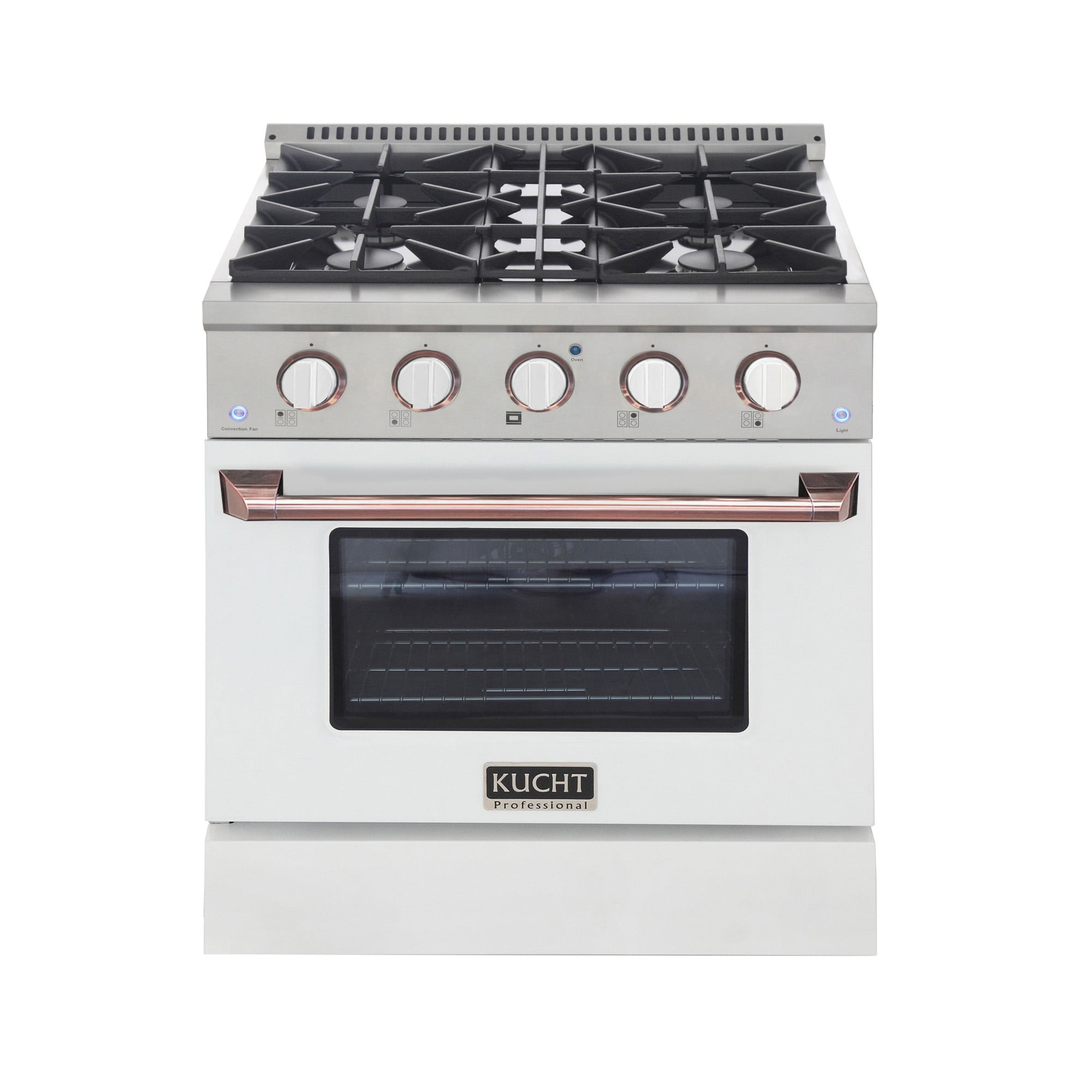 30 in. 4.2 cu. ft. Dual Fuel Range Propane Gas in Rose Gold Handle & Knob Rings.