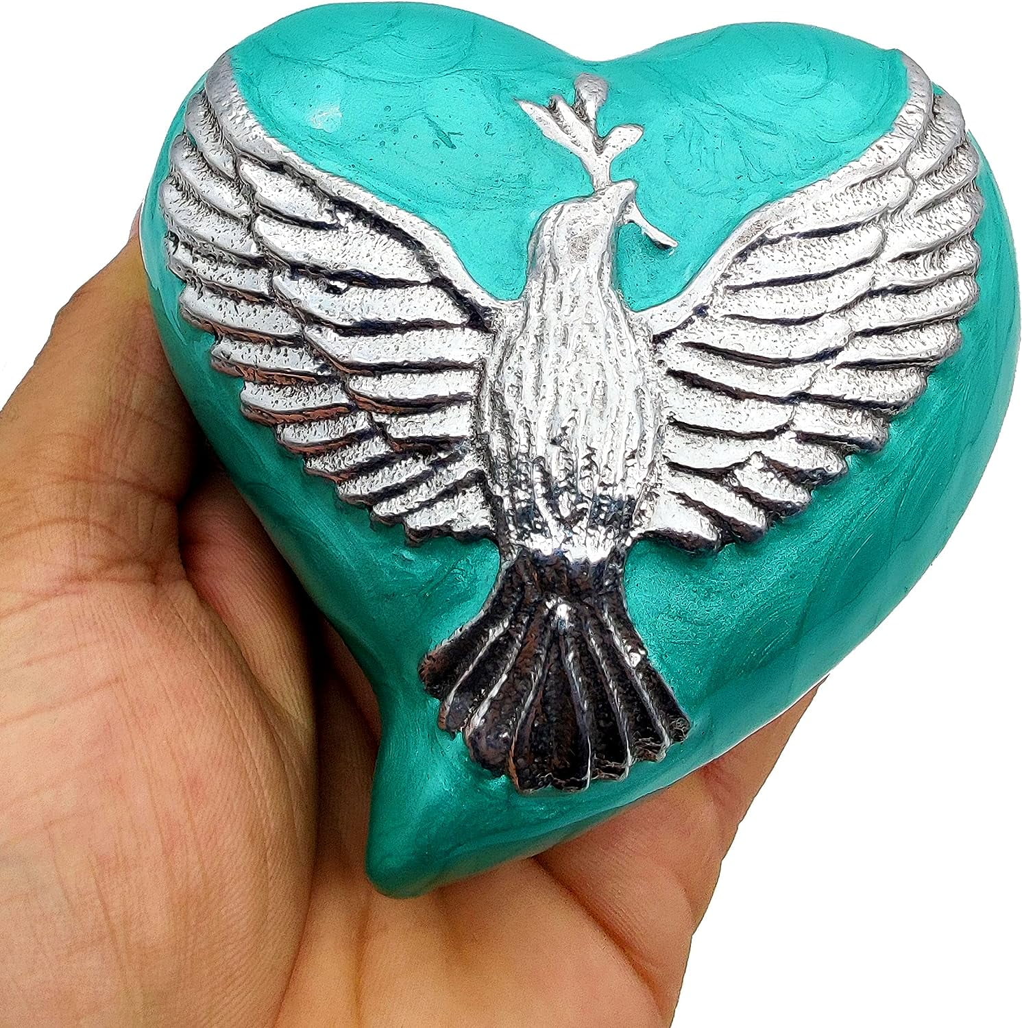 5MOONSUN5's Heart Sea Green Urn Keepsake Cremation Urn for Human pet Ashes with Bird engraved Urn Heart Shaped Perfect for Adults & Infants Honor Your Loved One. Comes with Brass Stand & Premium Box