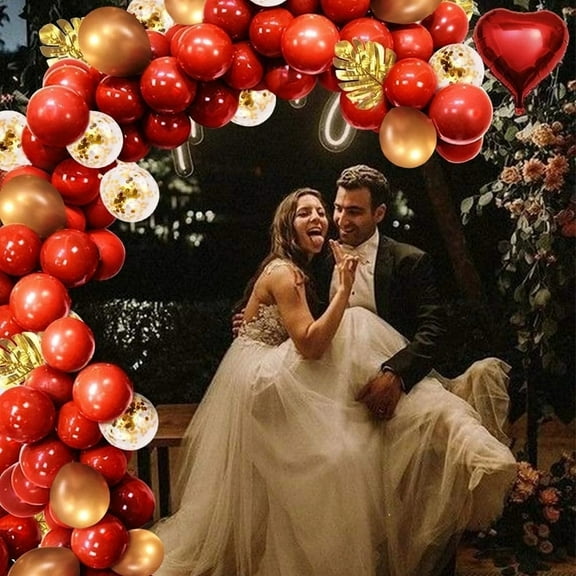 AOWEE Red Gold Balloon Arch, Valentine's Day Balloon Decoration, Ruby Red Balloon Garland Kit with Heart Balloon, Love Balloon XXL Golden Metallic Balloons for Birthday Wedding Valentine's Day