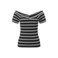 thumbnail image 6 of Cenuakty Women's Off Shoulder Tops Short Sleeve V Neck Solid Color/Striped Print Slim Fit T-Shirts Streetwear, 6 of 9