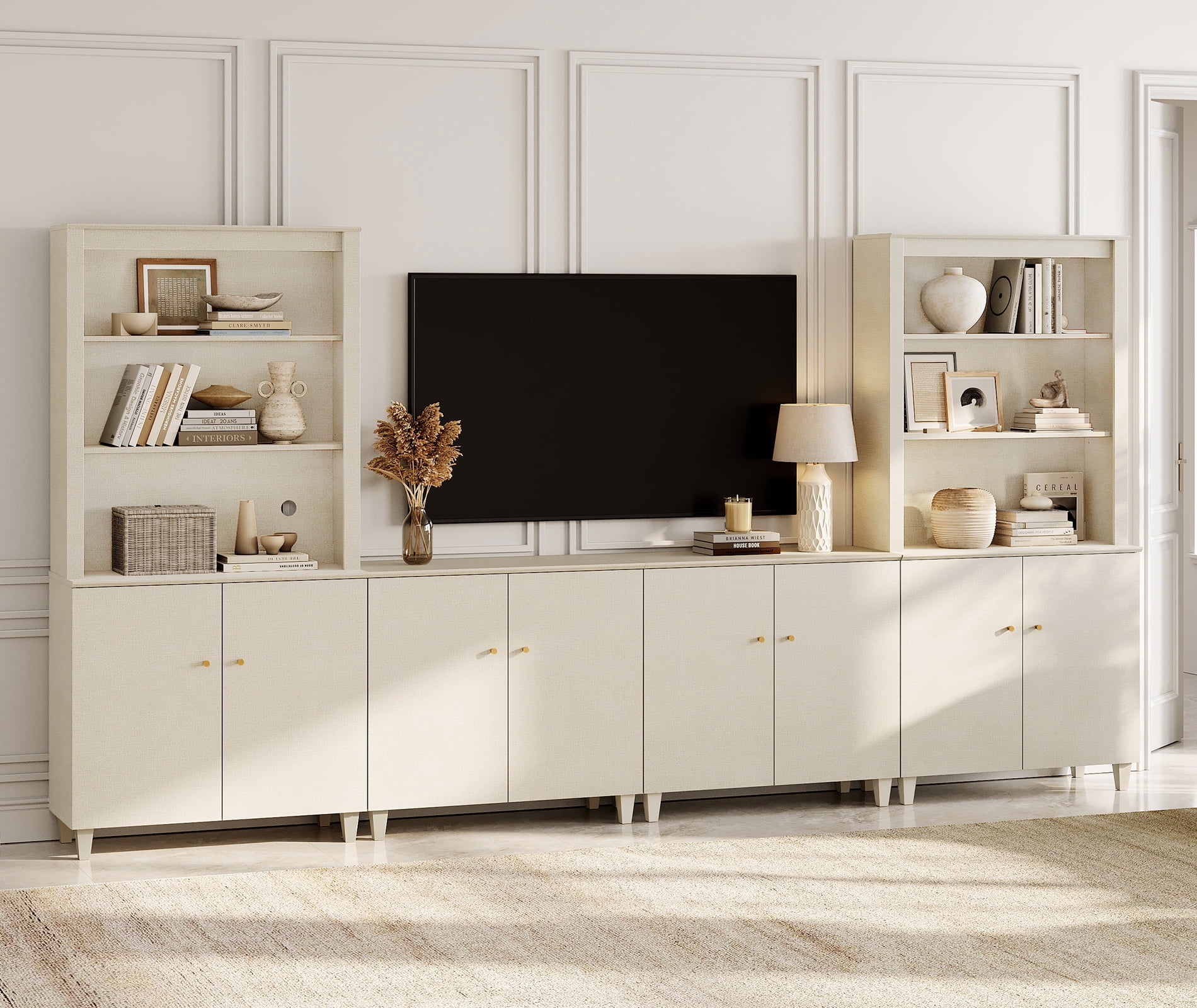 WAMPAT Entertainment Center with Bookshelves and Cabinets for 75" TVs, Beige