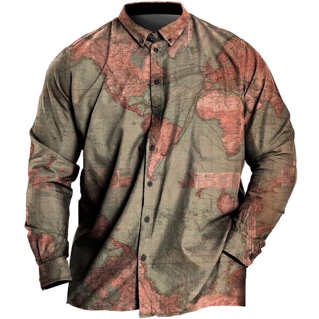Camisa informal de uso diario para hombre con estampado 3D de mapa del mundo vintage manga larga diseño clásico de calle estilo retro blusas ropa con solapa