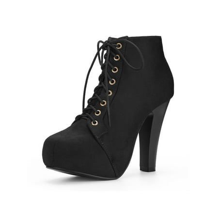 Women Round Toe High Heel Platform Lace Up Booties Black US 7 | Walmart ...