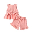 thumbnail image 3 of Girls Set Casual Sleeveless Bow Solid Vest T Shirt Tops Ruffles Shorts Girls Clothing Sets,Pink,Size 6 -12 Months, 3 of 6