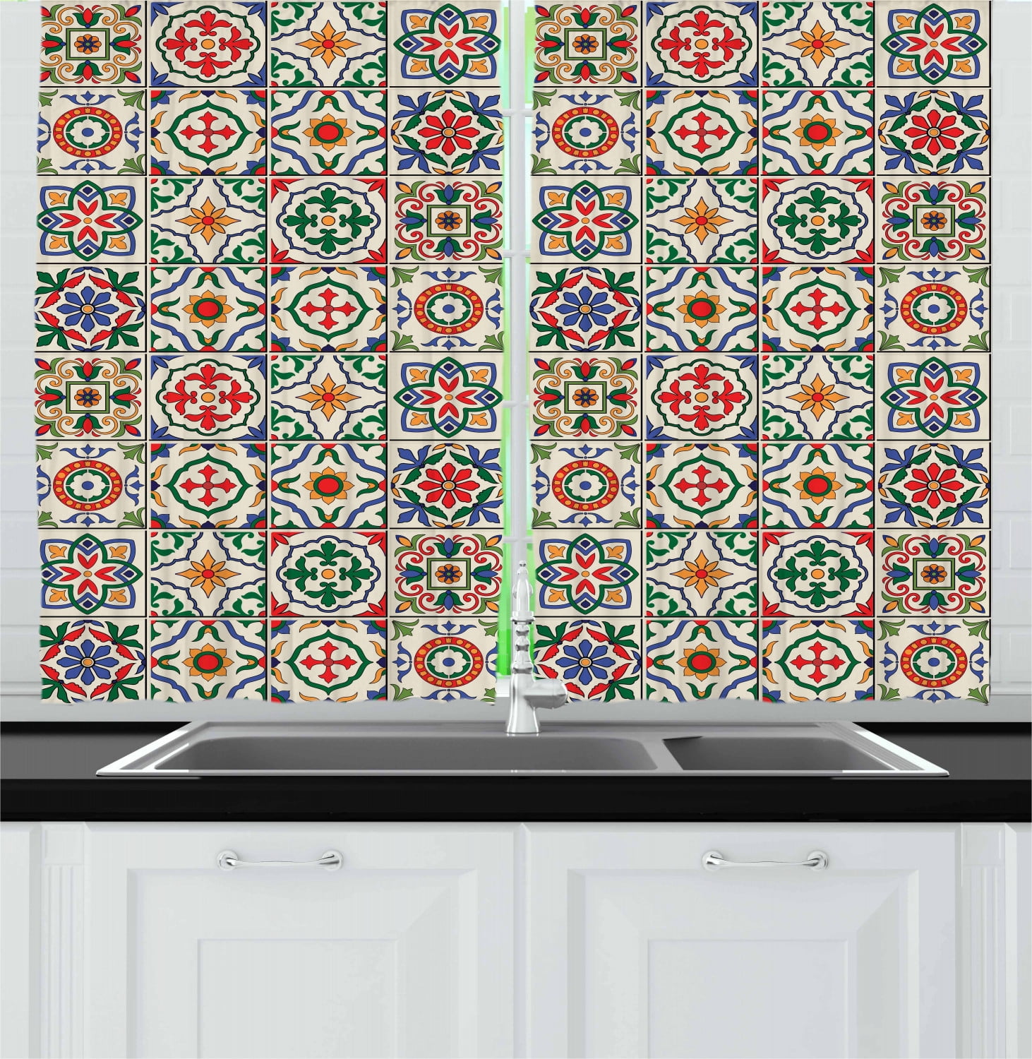 Moroccan Curtains 2 Panels Set, Colorful Azulejo Pattern Portuguese Ornamental Abstract Floral Arrangements Leaves, Window Drapes for Living Room Bedroom, 55W X 39L Inches, Multicolor, by Ambesonne