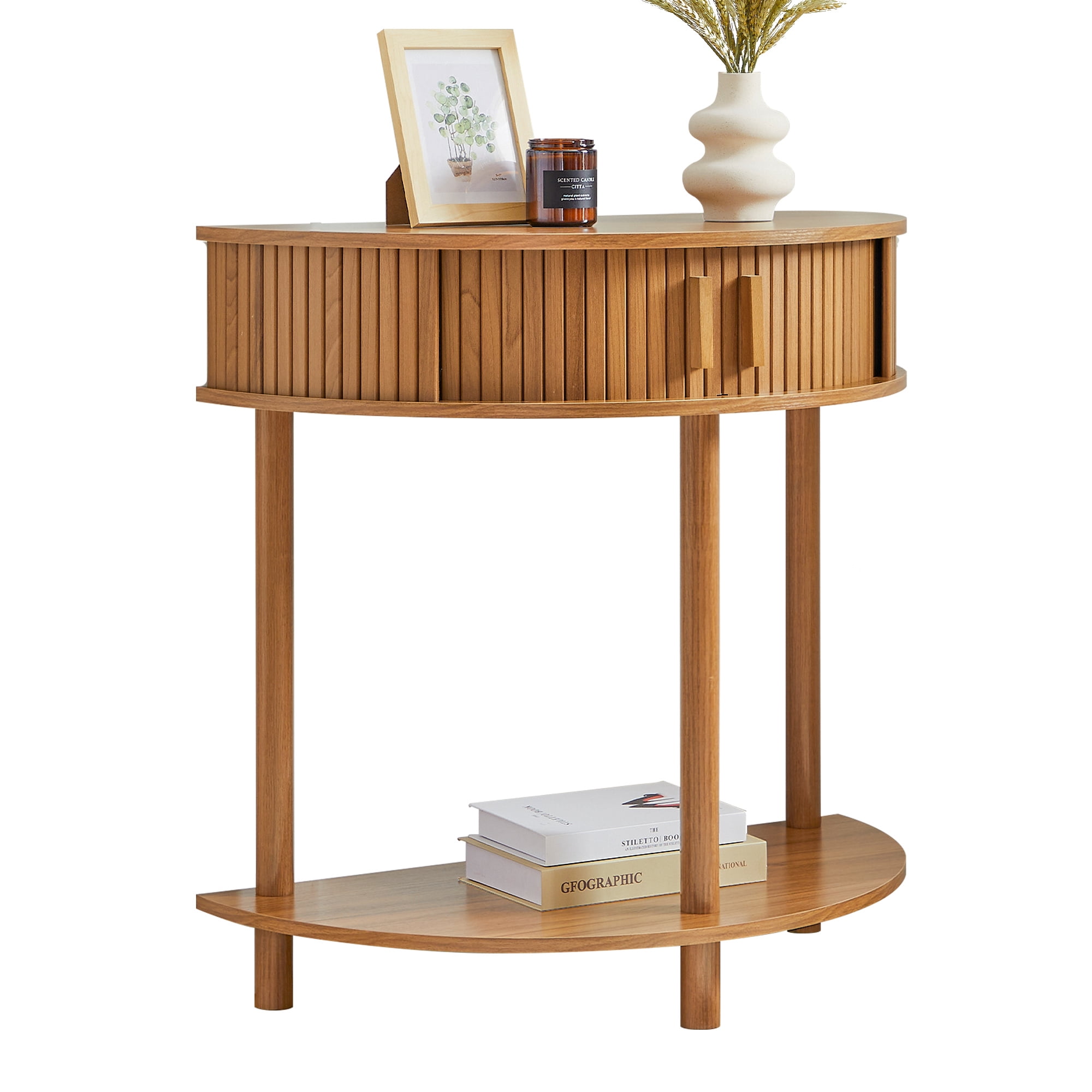 LEFHDA Entryway Table with Storage, Half Moon Fluted Mid Century Modern Console Tables, Small Narrow Sofa Table with Sliding Door, Curved Display Shelf Hallway Table for Living Room
