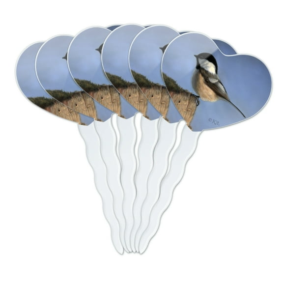 Black-Capped Chickadee Songbird Bird Heart Love Cupcake Picks Toppers Decoration Set of 6