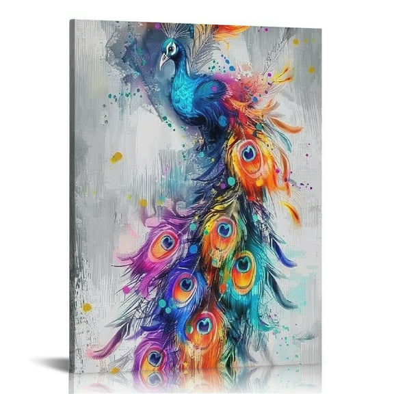 ONETECH Peacock Feather Canvas Wall Art Retro Colorful Feather Picture Artwork for Home Living Room Bedroom Decor