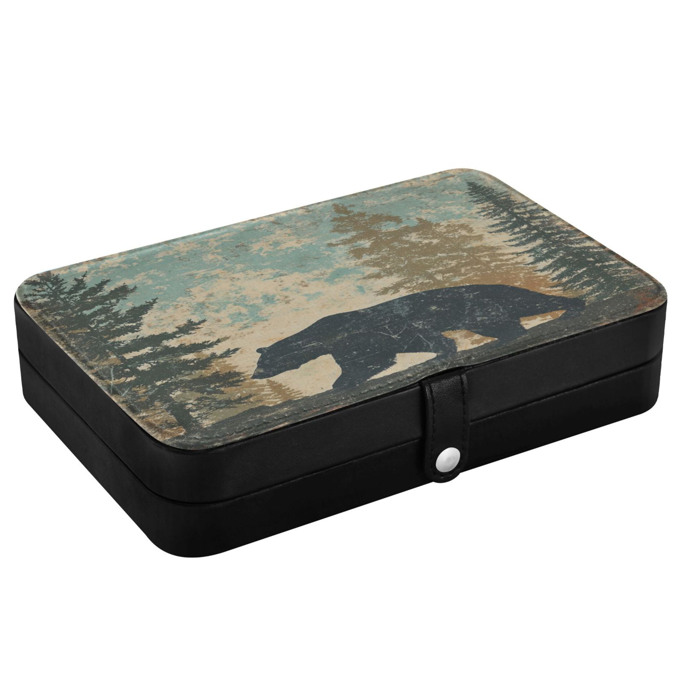Leather Jewelry Box Travel Jewelry Storage Earrings Necklace Bracelet Watch Brooch Storage Gray Cartoon Bear Pattern