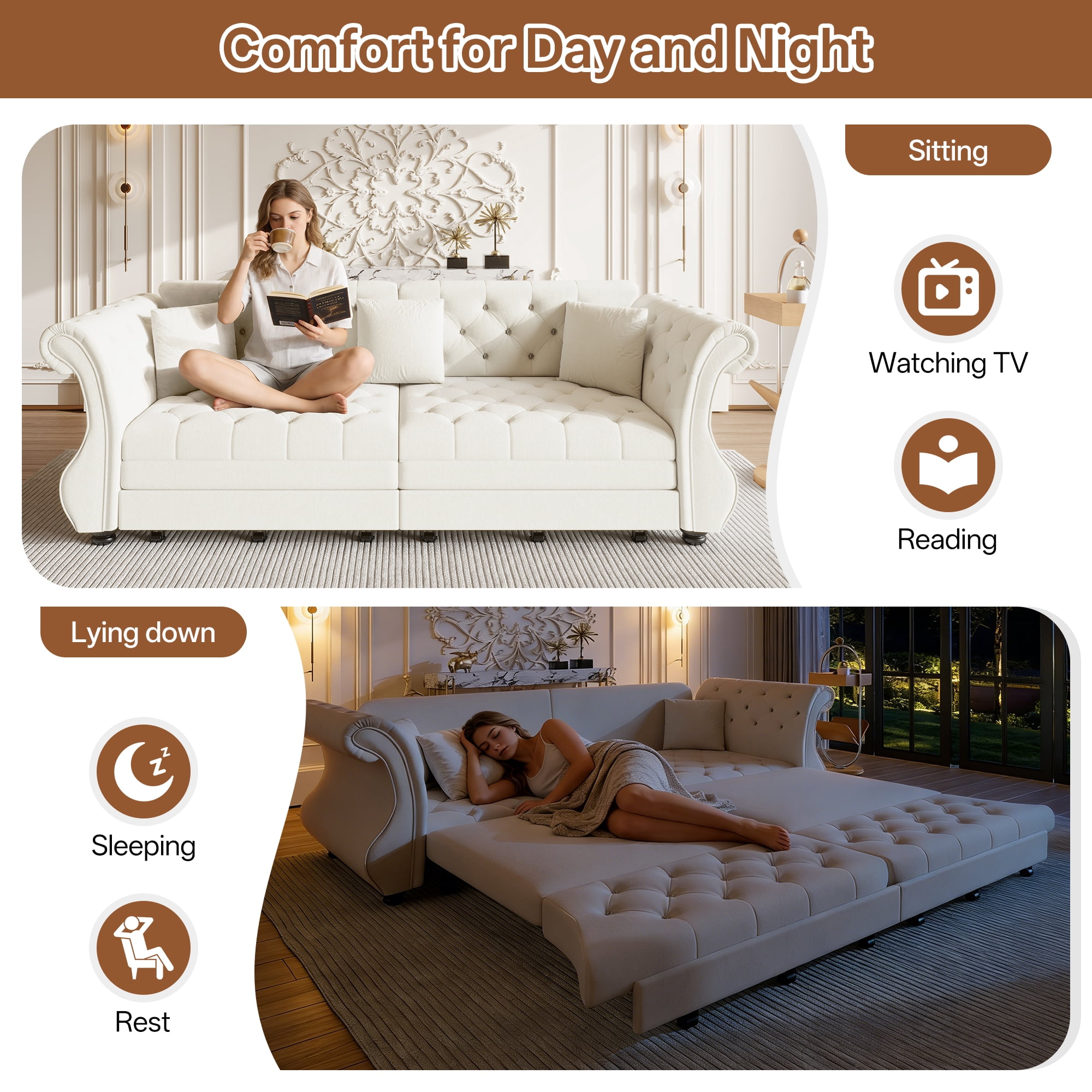 Chesterfield Pull Out Convertible Sofa Bed, Classic Flower Tufted Velvet Loveseat Sleeper Couch With Roll Arms and Pillows, for Living Room Apartment Office