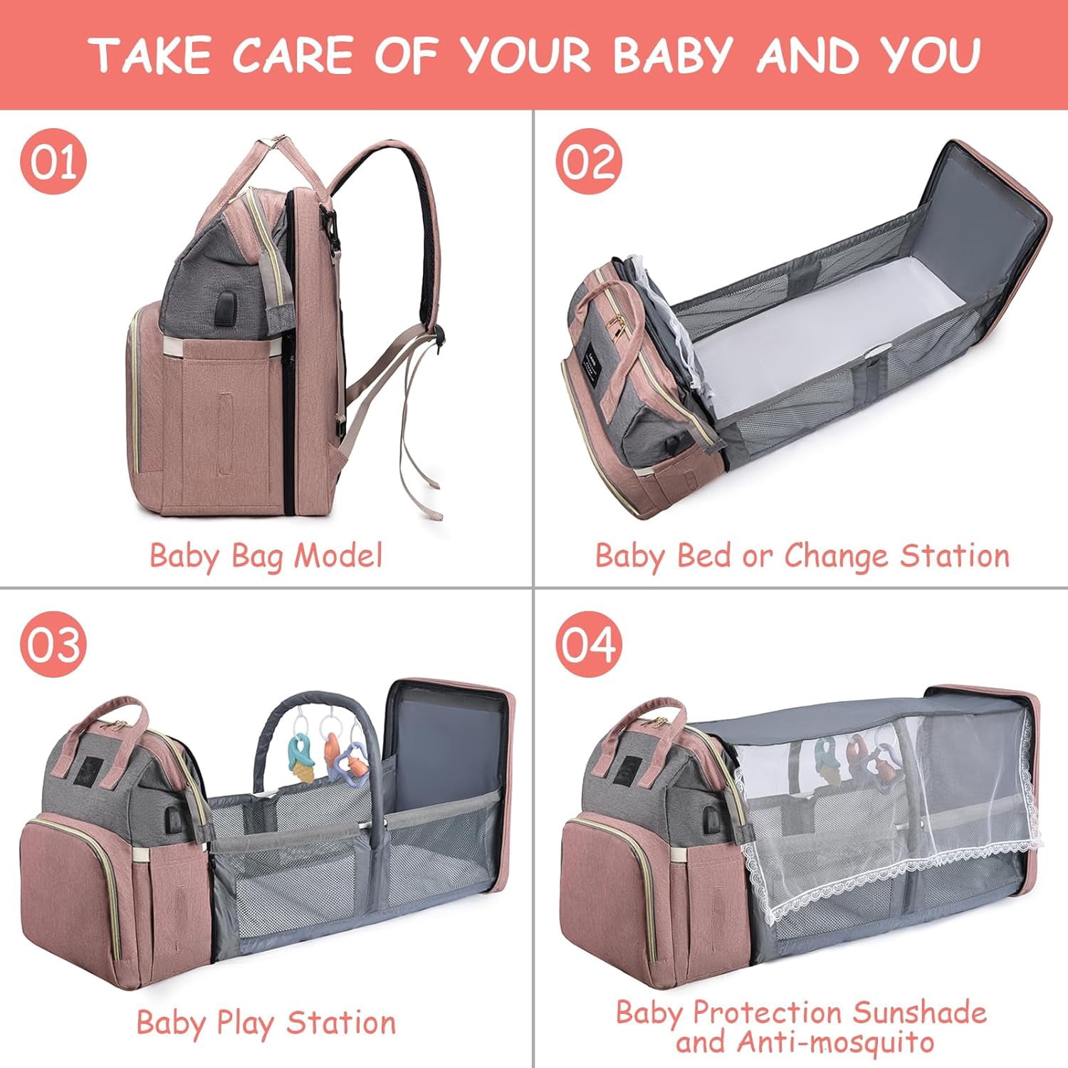 Diaper Bag Backpack，Baby Diaper Bags, Baby Shower Gifts, Multifunctional diaper backpack Large Capacity, (Pink)