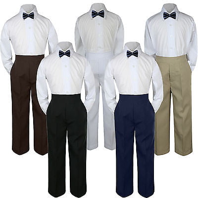 3pc Shirt Khaki Pants Bow Tie Set Baby Toddler Kids Boys Wedding Formal Suit S-7 