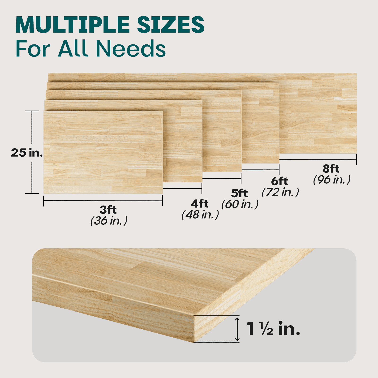 8ft. L x 25"W x 1.5" Thick - Unfinished Hevea Solid Hardwood Butcher Block Countertop