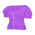 thumbnail image 4 of Women Short Puff Sleeve T-Shirts Summer Zip V Neck Solid Color Slim Tops Lady Basic Tee Red S, 4 of 9
