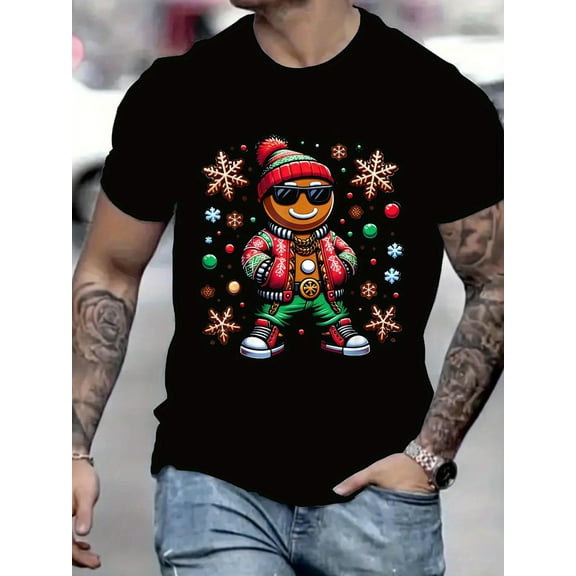 Christmas Gingerbread Man Men's T-Shirt |   3D Fun Holiday Print Short Sleeve |   Large Size Breathable Polyester Fiber |   Christmas themed party tops