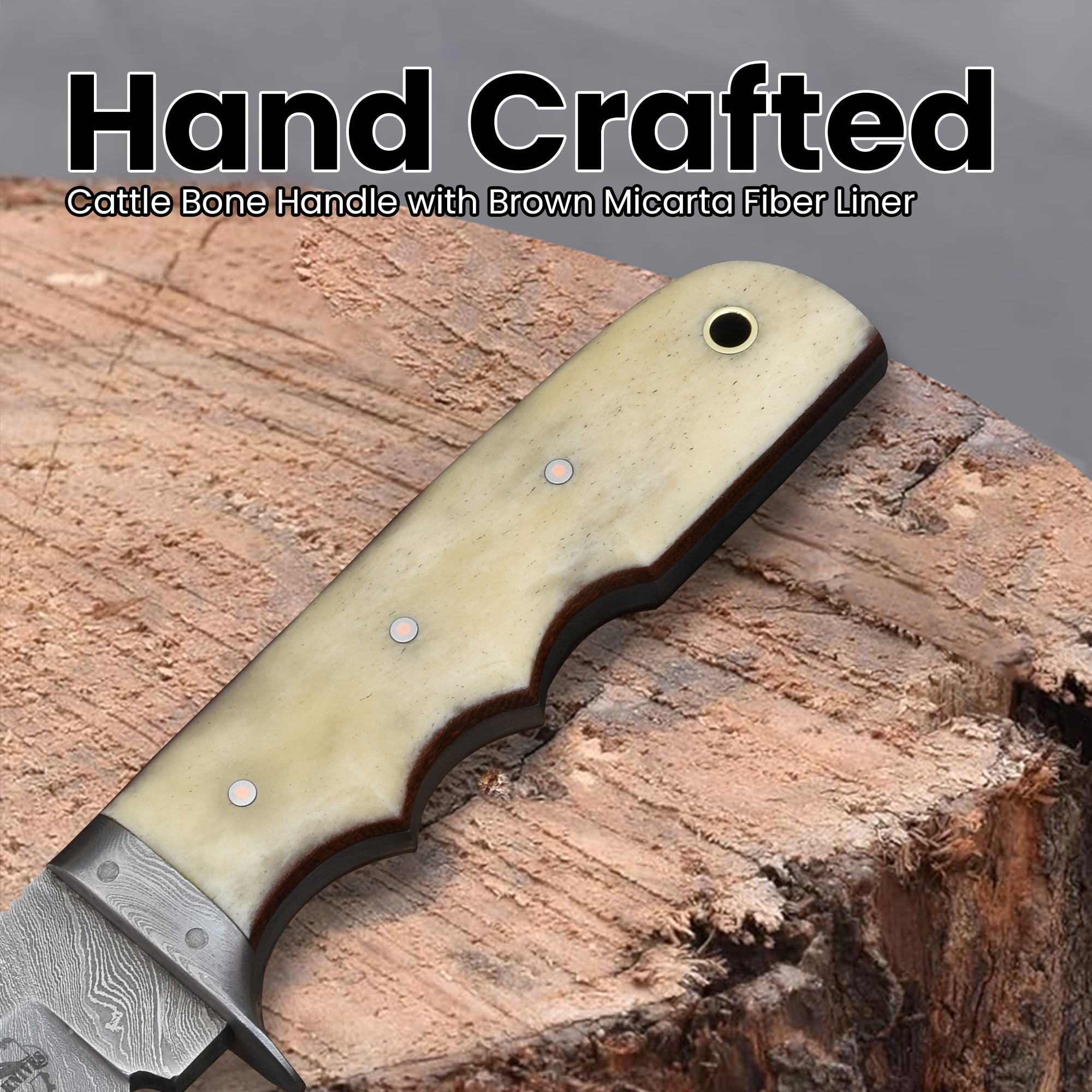 Knives Ranch 2151 Damascus Steel Hunting Knife with Bone Handle – Fixed Blade Utility Knife, Razor Sharp Camping & Outdoor EDC Knife