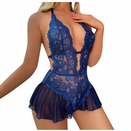 

Womens Lingerie Sets Clearance Plus Size Lace Coverall Hollow Bodysuit Underwear Onepiece Leotard Clear Bra Straps Blue L