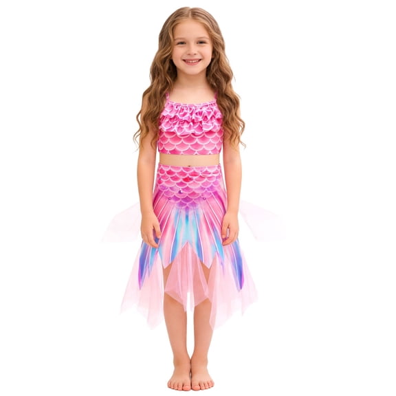 Rggeeun Toddler Girls Swimwear Cute Scale Print 3 Piece Set Bandeau Bikini & High Waist Shorts With Ruffle Skirt For Waterfall Adventure Stylish Swimsuit,Pink,3-4 Years