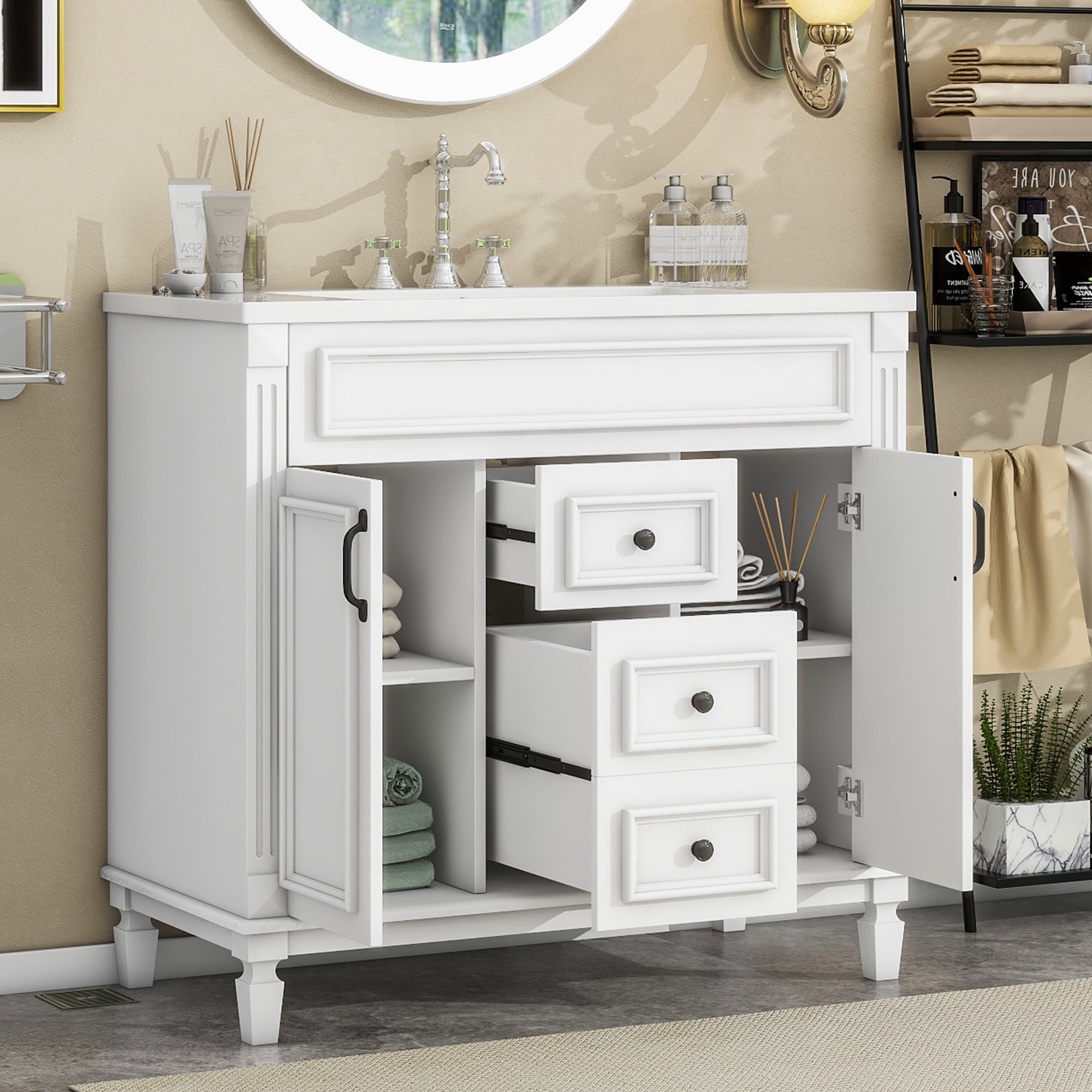 Euroco Modern Bathroom Vanity with Sink – 3-Hole Basin, Concealed Storage, Soft-Close Doors & Drawer – Freestanding Bathroom Cabinet with Water-Resistant Finish, Easy Assembly