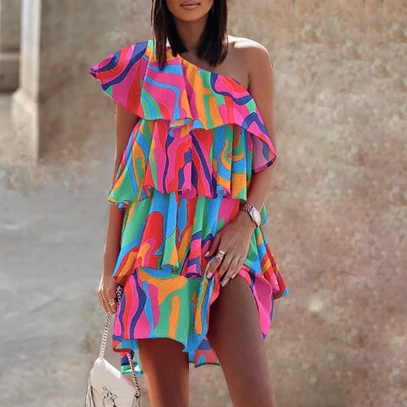 Lilgiuy Women Printed Sloping Shoulders Sleeveless Ruffle Dresses Fall Dresses for 2022 Spring Winter