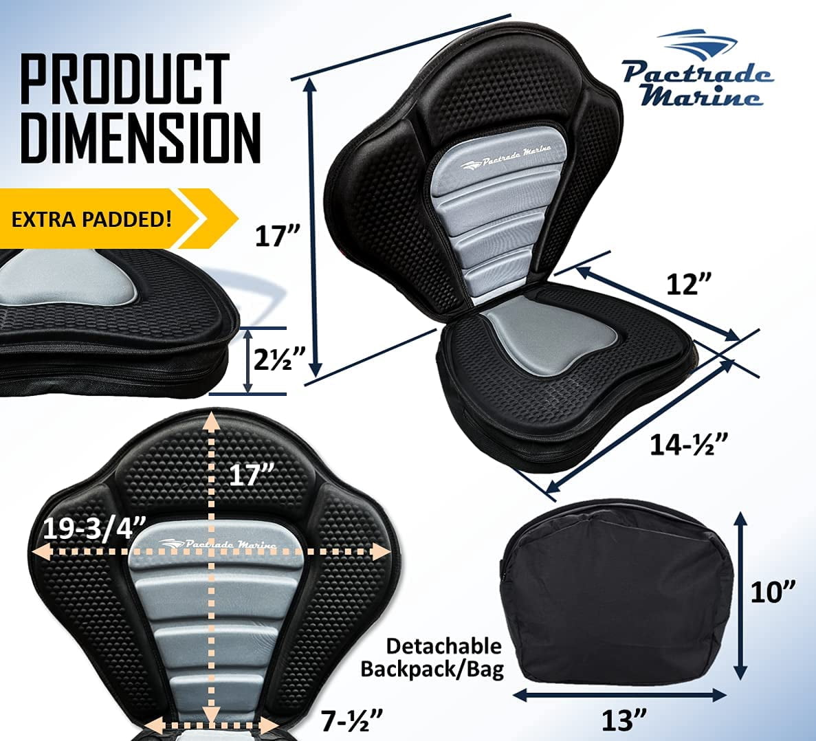 Pactrade Marine Boat Adjustable Straps Black Gray Extra Padded Deluxe Kayak Seat Detachable Storage Backpack Bag Canoe Backrest Support Cushion Sit on Top Fishing Brass Clips (1)