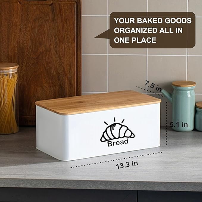White Metal Bread Box with Bamboo Cutting Board Lid, Large Capacity Storage Organizer for Kitchen Countertop Home Use